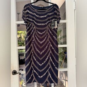 Adrianna Papell Navy and Rose Gold Sequin Cocktail Dress Size-14 Brand New/tags!